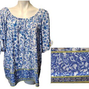 New CeCe top Women's XL Blue white floral Sleeve ties Scoop neck Border print
